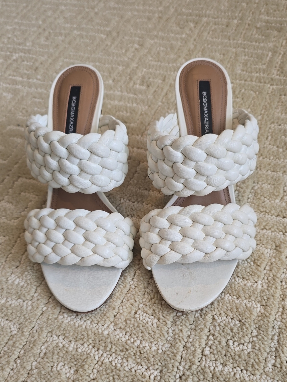 BCBGMaxAzria White Braided Double-Strap Slide Heels, Size 7.5